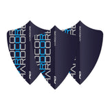 Set of three blue freestyle dart flights in standard shape, bold hardcore typography, isolated on white for clear design view