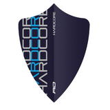 Single blue freestyle dart flight shield shape isolated on white, bold HARDCORE lettering, ideal for dart accessories buyers