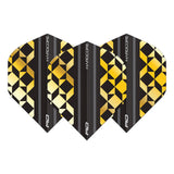 Set of three black and gold geometric No.2 dart flights displayed on white background, highlighting premium design for darts equipment