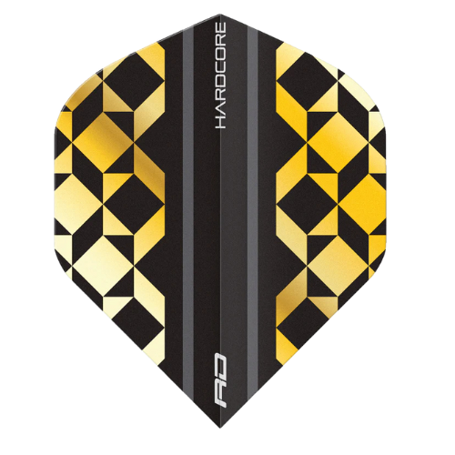 Black and gold geometric No.2 dart flight, full front view, isolated on white background, highlighting premium flight design and crisp edges.