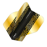 Angled close-up of a single black and gold maze dart flight, isolated on white, showing premium pattern and durable dart accessory design