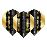 Set of three black and gold Maze No.2 dart flights displayed on white, highlighting intricate circuit design and premium hardcore finish