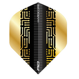 Black and gold maze pattern dart flight, close-up full view, isolated, highlighting No.2 shape and premium materials
