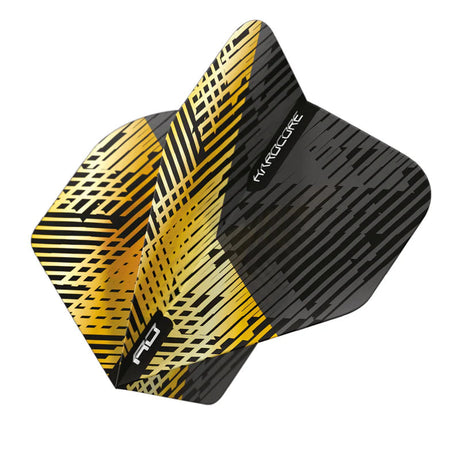 Angled close-up of No.2 dart flight with premium gold and black fleck pattern, sharp edge detail, isolated on white background