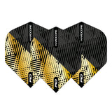 Three No.2 dart flights with gold and black fleck design displayed side by side on white background for darts setup