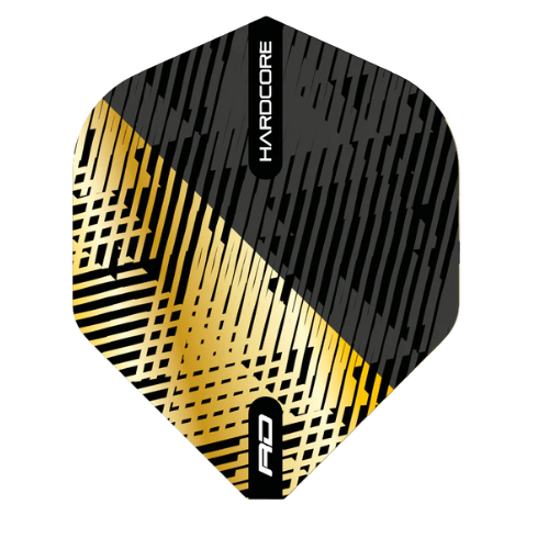 full view of gold and black fleck No.2 dart flight with Hardcore branding, isolated on white background