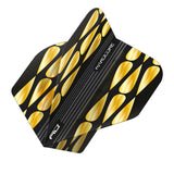 Close-up angled view of gold and black teardrop dart flights set, isolated on white, showing premium pattern and teardrop No.2 shape