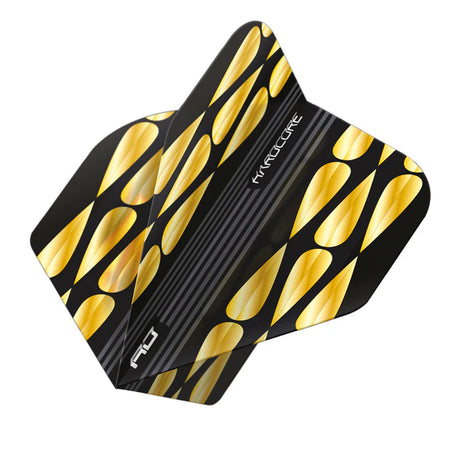 Close-up angled view of gold and black teardrop dart flights set, isolated on white, showing premium pattern and teardrop No.2 shape