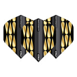 Set of three teardrop No.2 dart flights with gold and black pattern, full front view on white background, highlight flight design detail