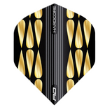 Gold and black teardrop No.2 dart flight in full view, isolated on white, highlighting premium hardcore pattern design