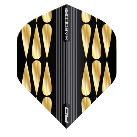 Gold and black teardrop No.2 dart flight in full view, isolated on white, highlighting premium hardcore pattern design