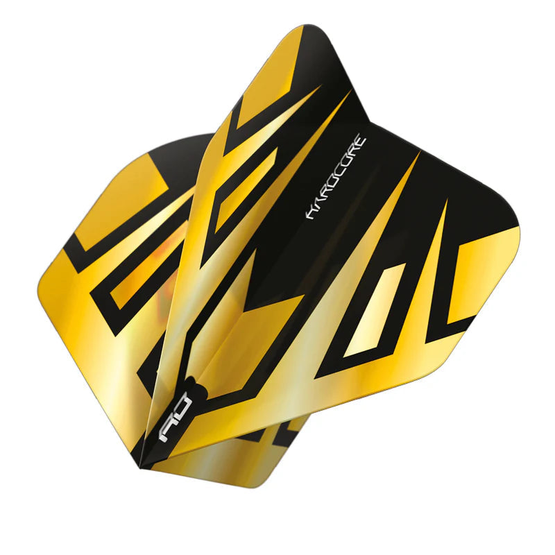 Angled close-up of three gold and black tribal No.2 dart flights arranged together, highlighting premium shine and flight shape on white background