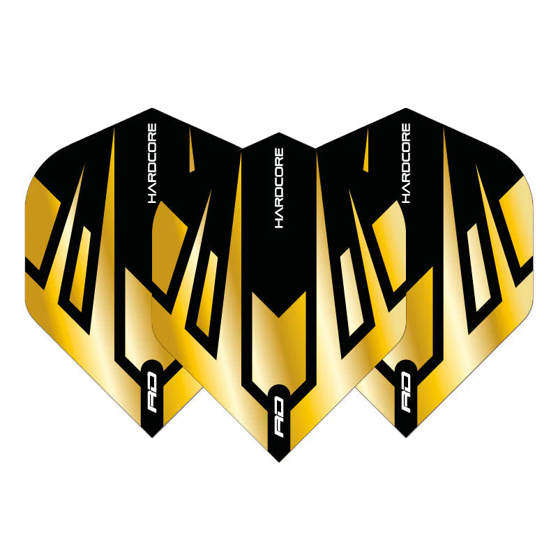 Set of three gold and black No.2 dart flights with tribal pattern, arranged side by side, isolated on white background
