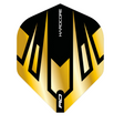 Full view of a single No.2 dart flight in gold and black tribal design, isolated on white, showing bold angular pattern for dart setup.