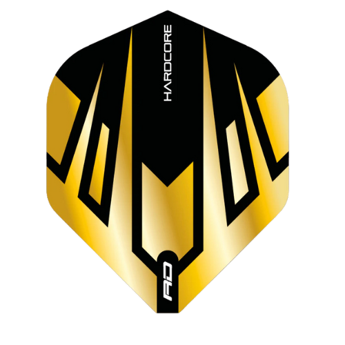 Full view of a single No.2 dart flight in gold and black tribal design, isolated on white, showing bold angular pattern for dart setup.