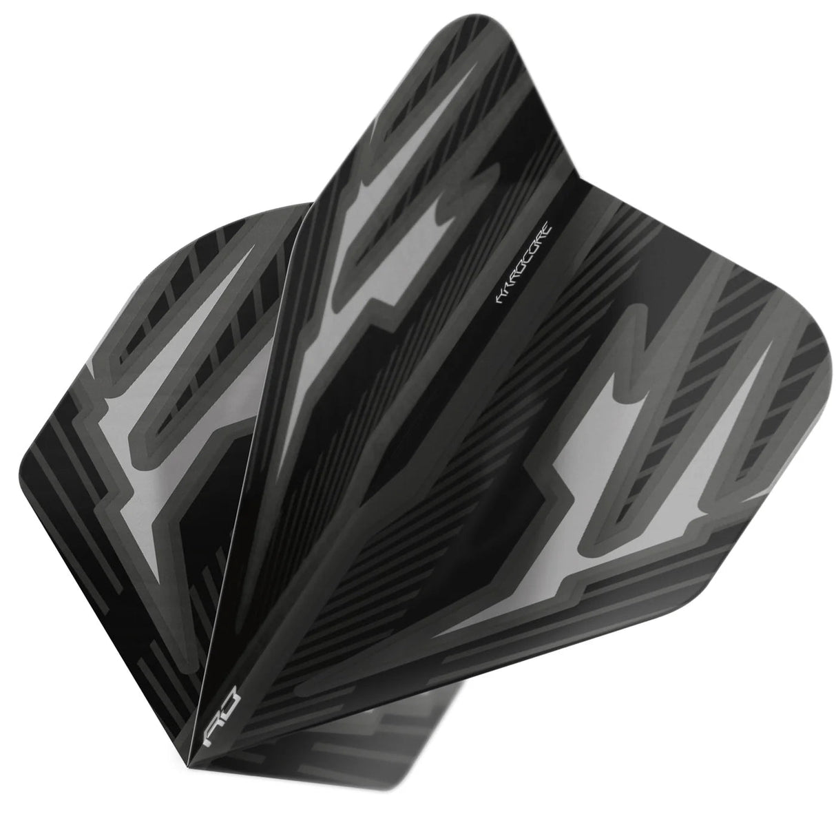 Close-up angled view of assembled black and grey No.2 dart flight with geometric design, isolated on white background