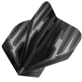 Close-up angled view of assembled black and grey No.2 dart flight with geometric design, isolated on white background