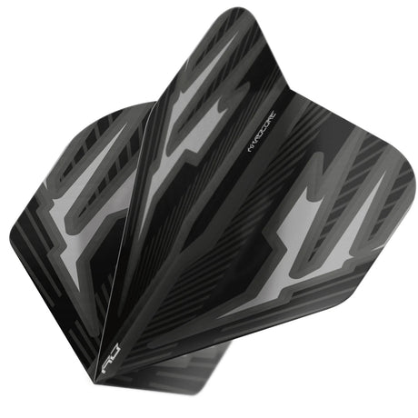 Close-up angled view of assembled black and grey No.2 dart flight with geometric design, isolated on white background