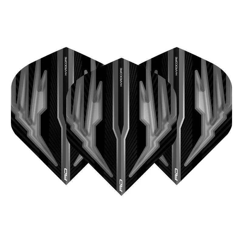 Set of three black and grey No.2 dart flights arranged on white background showing angular artwork and textured pattern for dart accessories