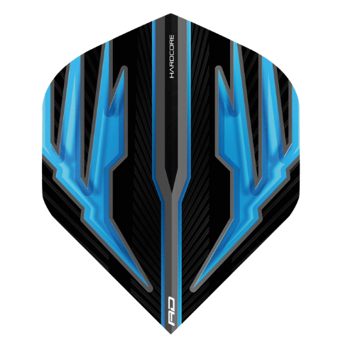 No.2 dart flight displayed flat on white background with bold blue and black angular graphic, highlighting full shape and design.