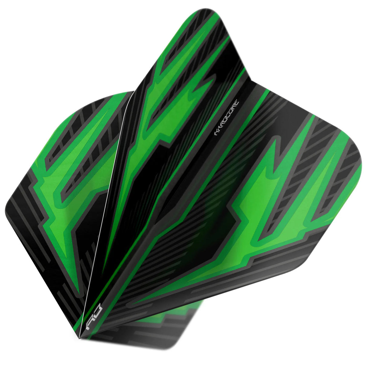 Close-up angled view of three stacked dart flights with vivid green and black pattern, isolated for dart accessories display