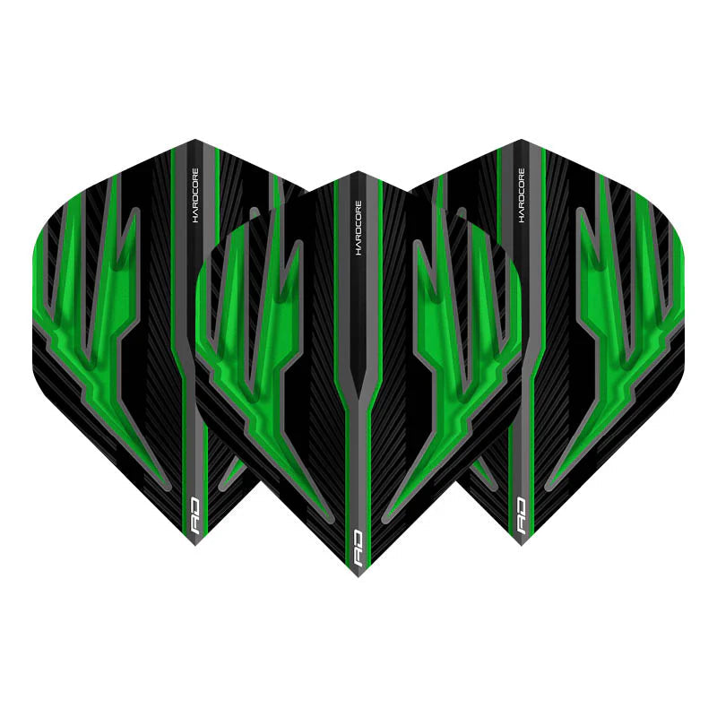 Three Radical Green No.2 dart flights displayed on white background featuring vibrant green and black angular flight pattern