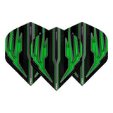 Three Radical Green No.2 dart flights displayed on white background featuring vibrant green and black angular flight pattern