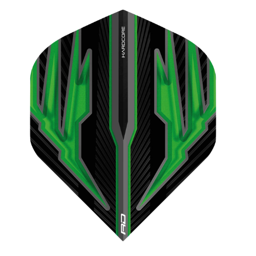 Hardcore Radical Green No.2 dart flight isolated on white, full view, with bold green and black graphic pattern