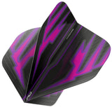 Close-up angled view of purple No.2 dart flight with Hardcore Radical black pattern, isolated on white, showing flight shape and texture details.