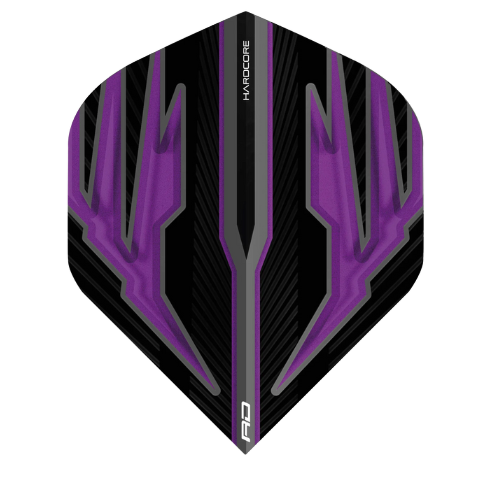 Hardcore Radical Purple No.2 dart flight full view, black and purple angular design, standard shape, isolated on white background