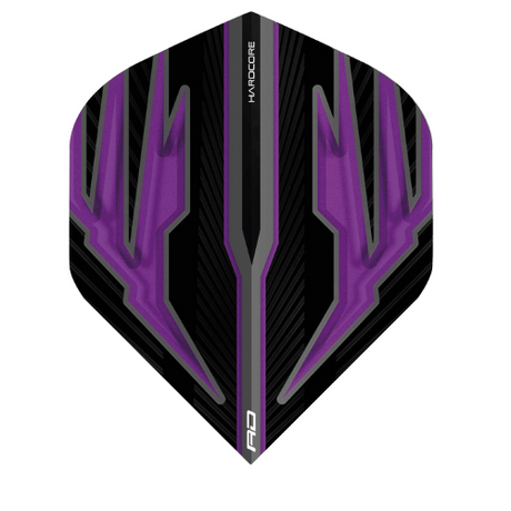 Hardcore Radical Purple No.2 dart flight full view, black and purple angular design, standard shape, isolated on white background