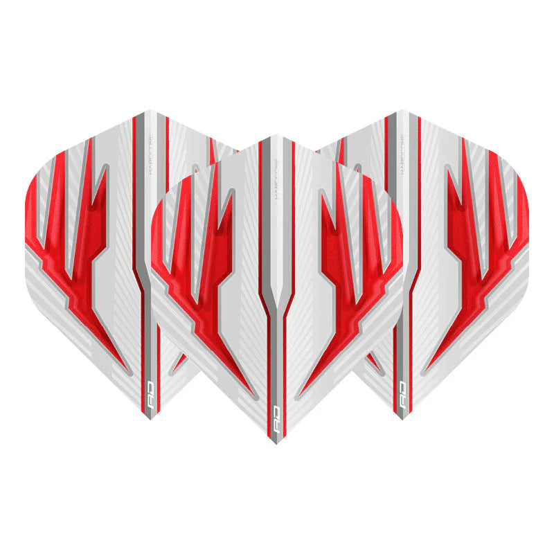 Three No.2 dart flights arranged on white background, highlighting red and white angular design for dart accessories