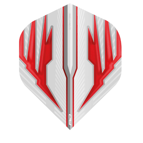 Standard No.2 dart flight in white and red with angular graphic pattern, full view isolated on white background for dart accessories