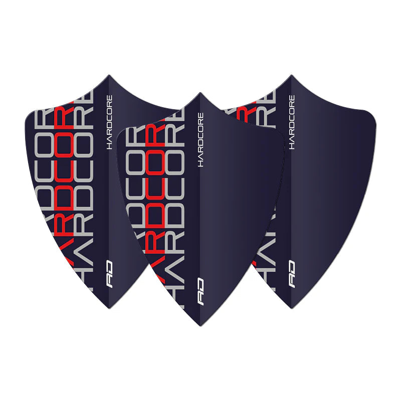 Set of three black shield-shaped dart flights arranged side by side, featuring bold red and silver 'HARDCORE' text design, isolated on white
