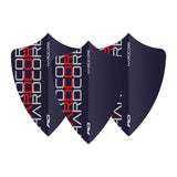 Set of three black shield-shaped dart flights arranged side by side, featuring bold red and silver 'HARDCORE' text design, isolated on white