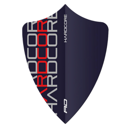 Full shield-shaped dart flight with bold red and silver 'HARDCORE' lettering, isolated on white background
