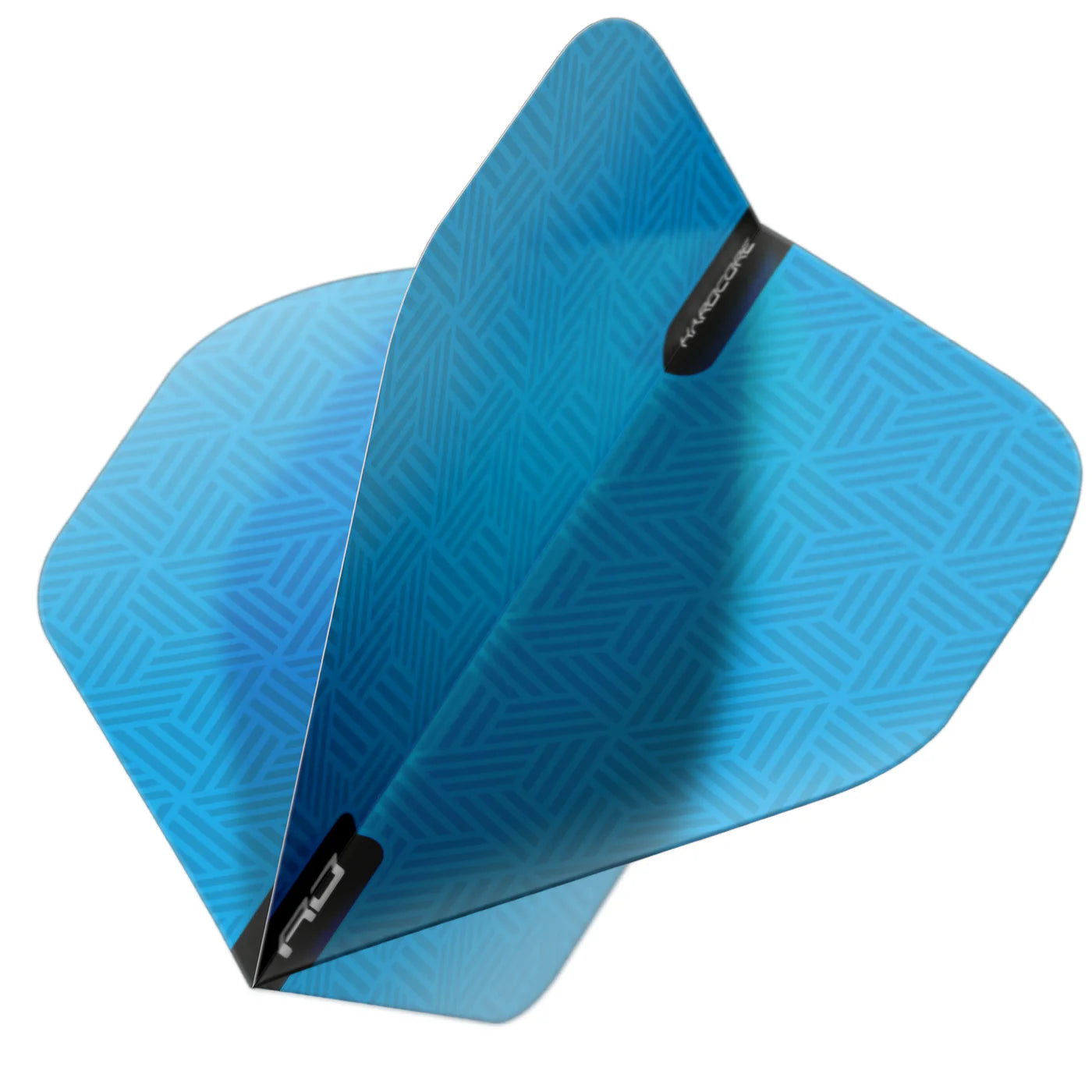 Close-up angled shot of a single blue dart flight with geometric pattern, highlighting fold design and durable 100 micron material
