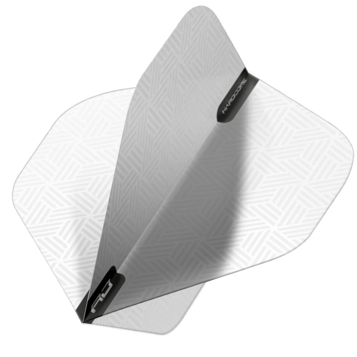 Angled close-up of white No.2 dart flight with geometric texture, assembled, highlighting Hardcore XT shape and durable construction.