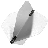 Angled close-up of white No.2 dart flight with geometric texture, assembled, highlighting Hardcore XT shape and durable construction.