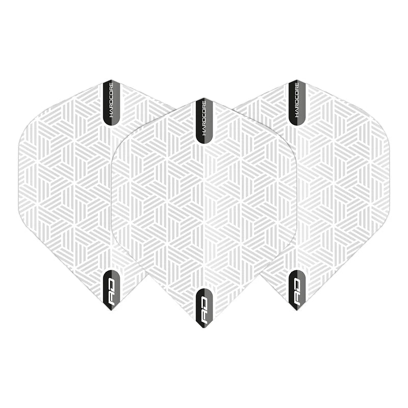 Three white No.2 dart flights with geometric pattern in full top-down view, isolated on white, showing shape and design for dart accessories.