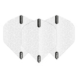 Three white No.2 dart flights with geometric pattern in full top-down view, isolated on white, showing shape and design for dart accessories.