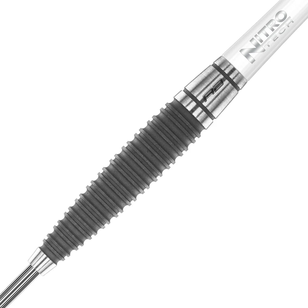 Close-up of Ikon 1.1 tungsten dart barrel with ribbed atomised grip and grey finish, isolated on white background