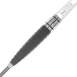 Close-up of Ikon 1.1 tungsten dart barrel with ribbed atomised grip and grey finish, isolated on white background
