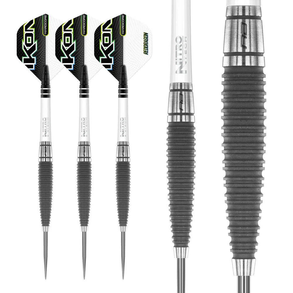 85% tungsten darts full set and macro barrel grip detail, ribbed texture, steel tips, IKON flights displayed on white background