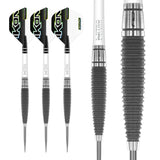 85% tungsten darts full set and macro barrel grip detail, ribbed texture, steel tips, IKON flights displayed on white background
