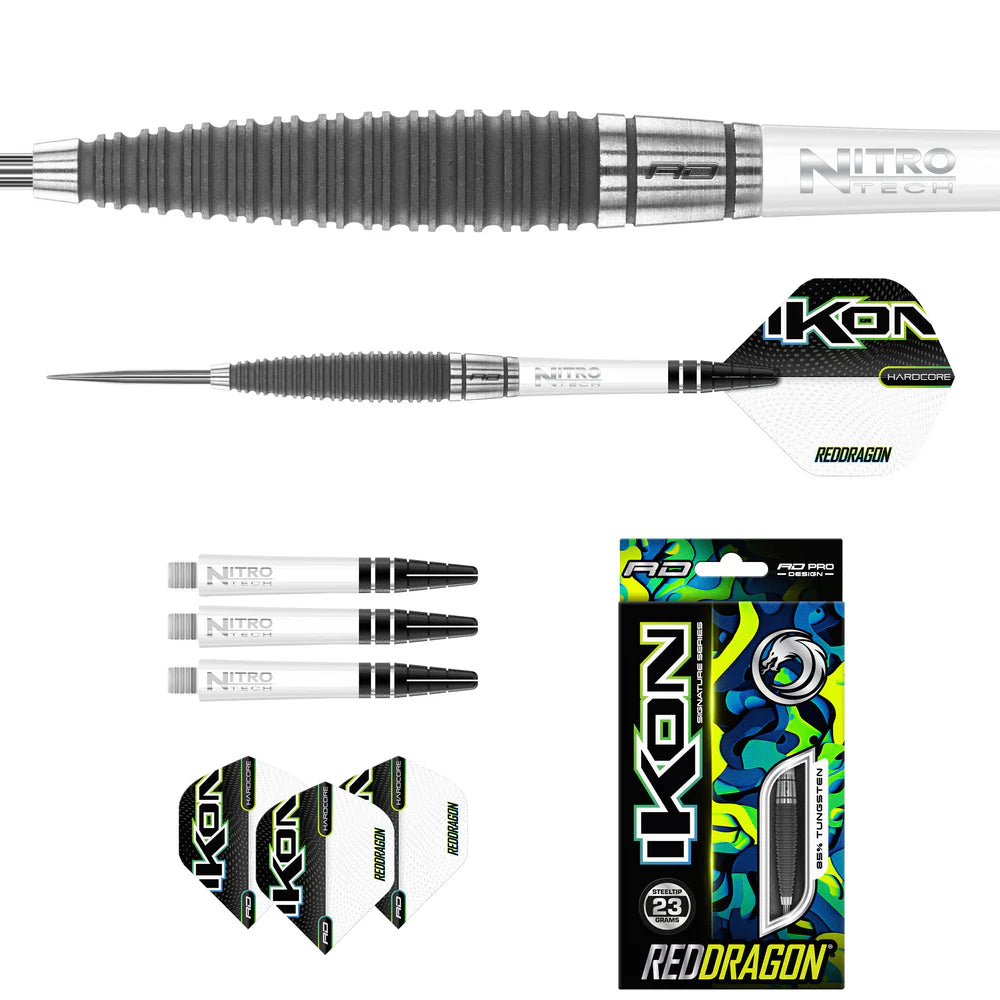Close-up and side view of Ikon 1.1 tungsten darts with ribbed grip, extra shafts, flights, and retail packaging for steel tip darts