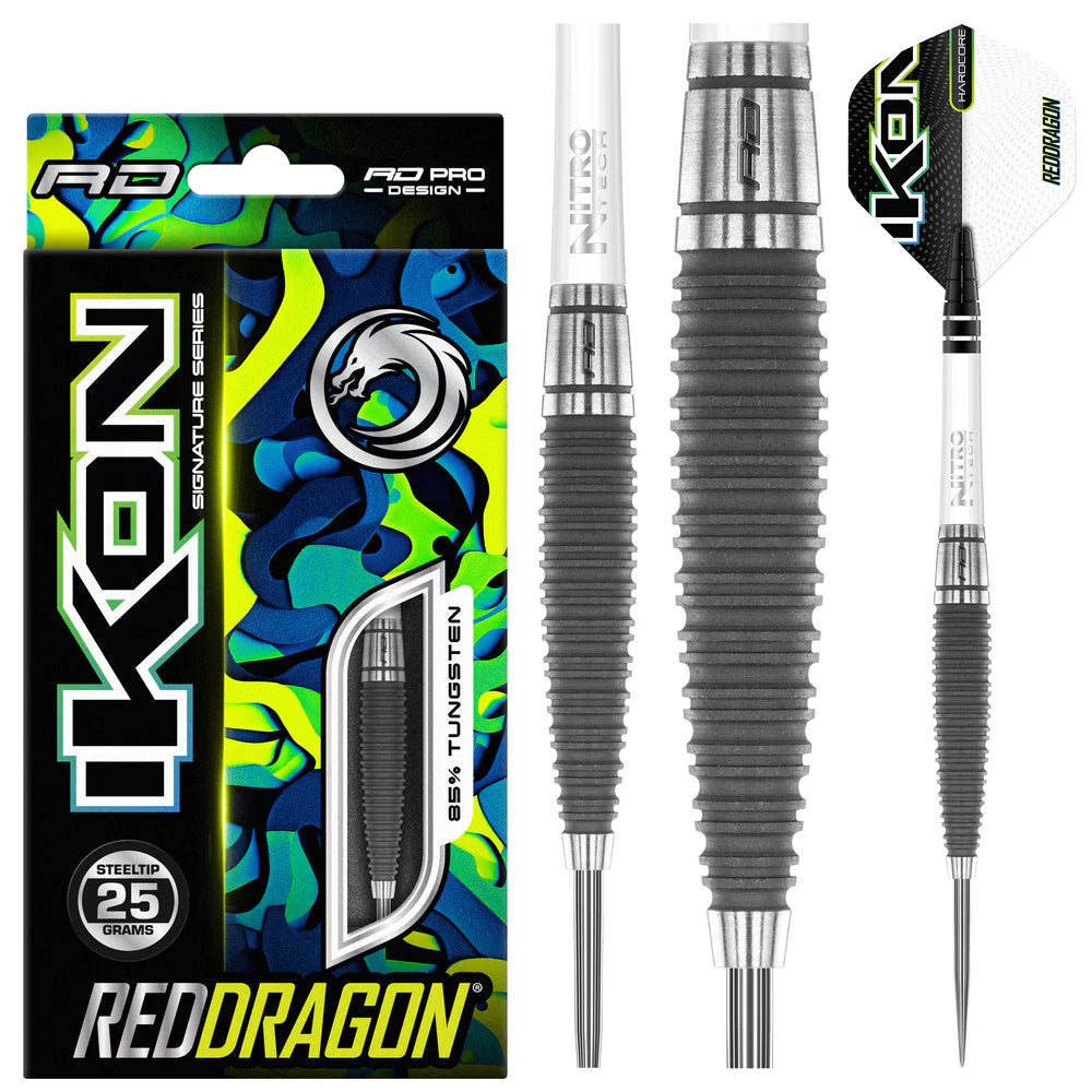 Ikon 1.1 85% tungsten darts with ribbed grey grip, full set in retail packaging, close-up barrel texture, flight, and steel tip detailing.