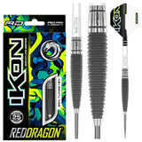 Ikon 1.1 85% tungsten darts with ribbed grey grip, full set in retail packaging, close-up barrel texture, flight, and steel tip detailing.