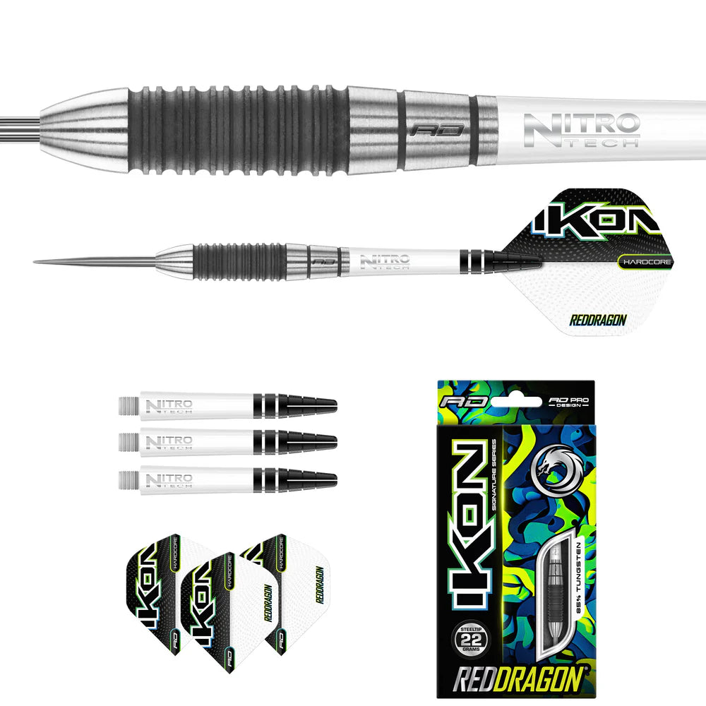 Close-up of tungsten dart barrel grip, full dart side view, spare Nitro Tech shafts, Ikon flights, and product packaging for steel tip darts