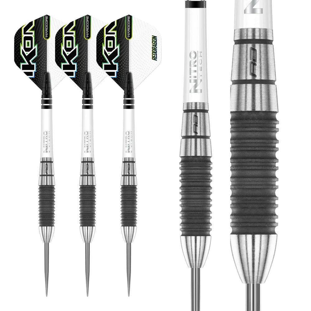 Three Ikon 1.2 tungsten darts with black ringed grips and one close-up showing barrel texture, isolated on white background